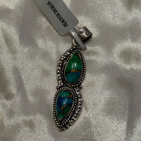 Sterling Silver Peacock Dahlia double stone stamped pendant - Picture 2 of 5